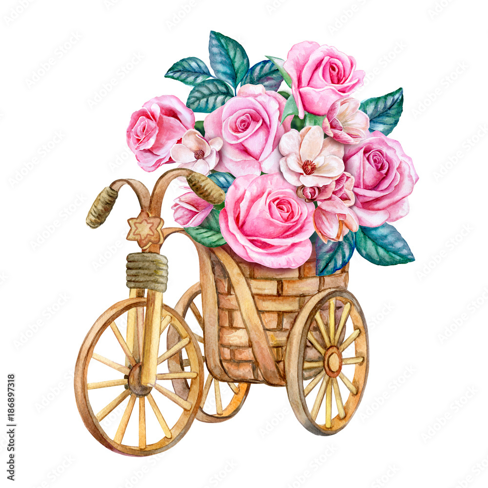 Bouquet of roses in a basket. Bridal bouquet. Pink flowers. Watercolor. Illustration. Template.