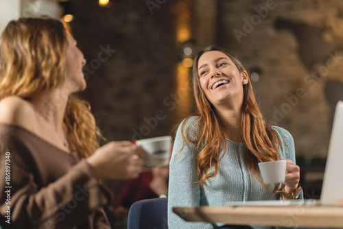 Young cheerful women talking to each other at cafe