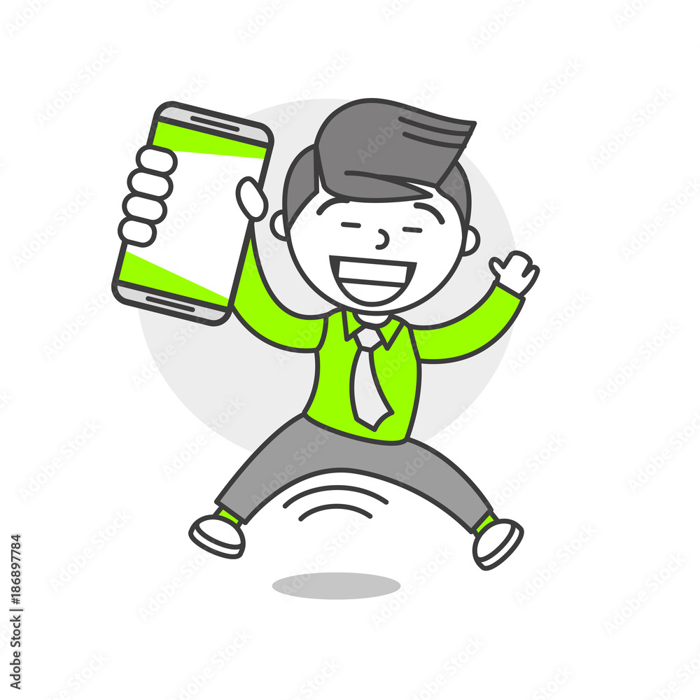 Vector person with phone emotions and mood jump, joy, fun, smile laugh Vector person with phone emotions and mood jump, joy, fun, smile laugh
