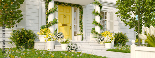 spring decorated porch with a lot of flowers. 3d rendering