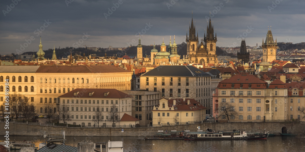 View of Prague Old Town from Lesser Town Bridge Tower, Prague, Czech Republic