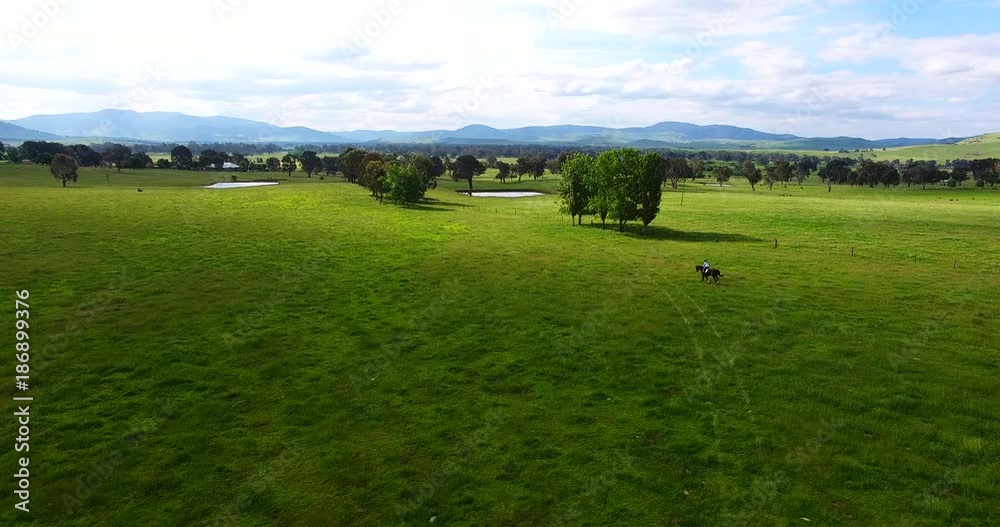 Aerial, riding horseback in Australia countryside Aerial, riding horseback in Australia countryside