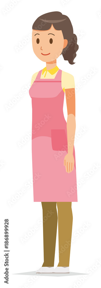 A female home helper wearing an apron is standing obliquely A female home helper wearing an apron is standing obliquely