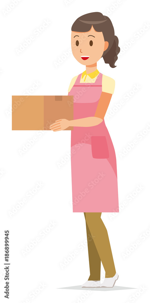 A female home helper in an apron has a cardboard box