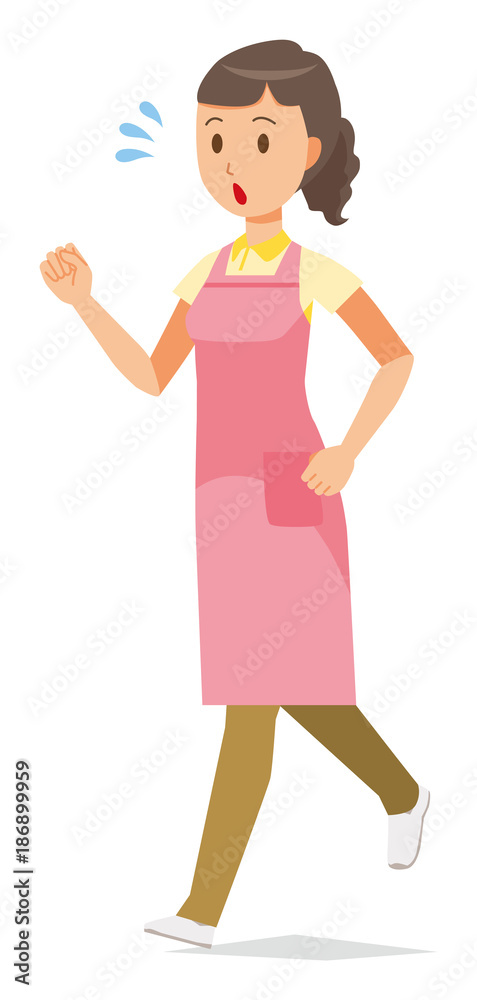 A female home helper wearing an apron is running A female home helper wearing an apron is running