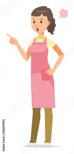 The female home helper in an apron is angry