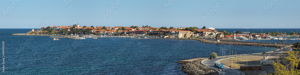 Panorama of Old Town of Nessebar, Bulgaria. Nessebar is an ancient town and one of the major seaside resorts on the Bulgarian Black Sea Coast.
