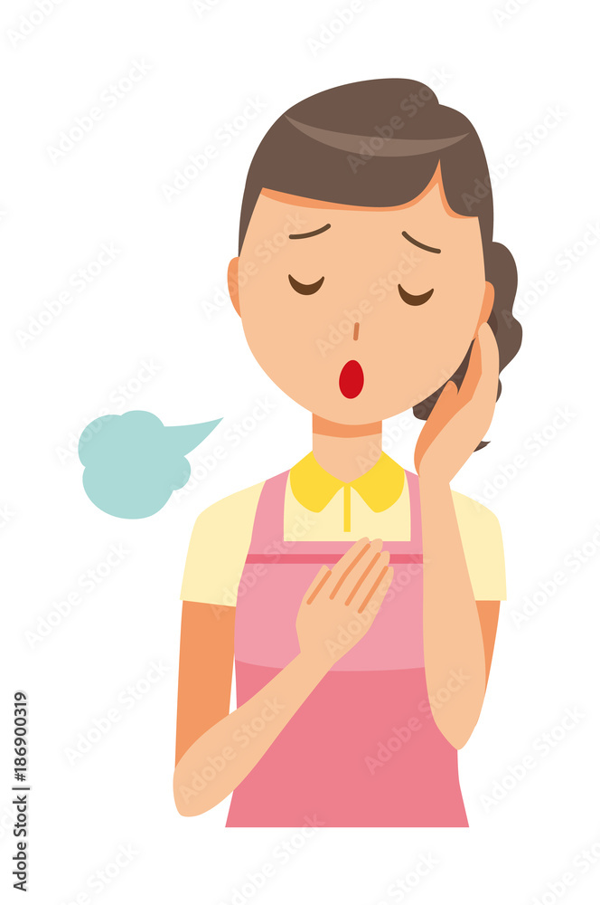 A female home helper wearing an apron is sighing A female home helper wearing an apron is sighing