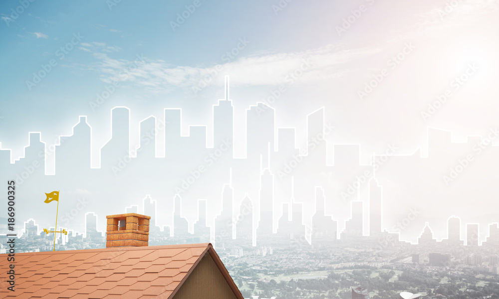 Concept of real estate and construction with drawn silhouette on big city background