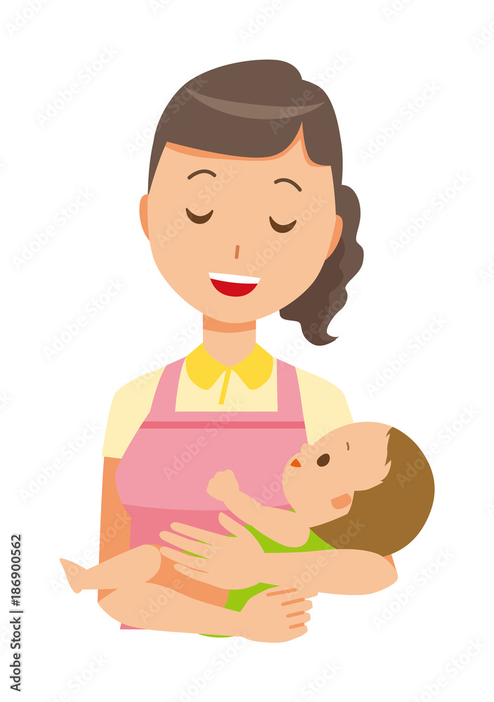 A female home helper wearing an apron hugs a baby A female home helper wearing an apron hugs a baby
