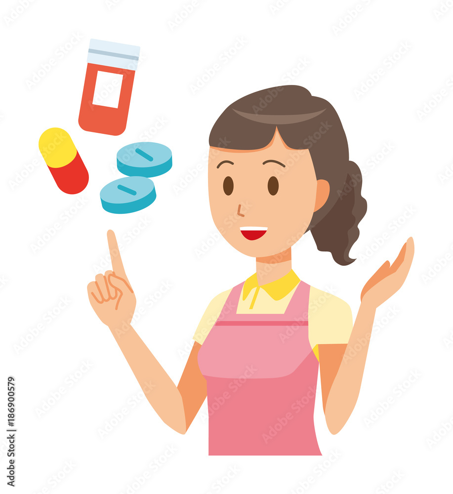 A female home helper wearing an apron explains about medicine A female home helper wearing an apron explains about medicine