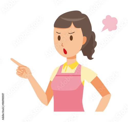 A female home helper wearing an apron is angrily pointing to a finger