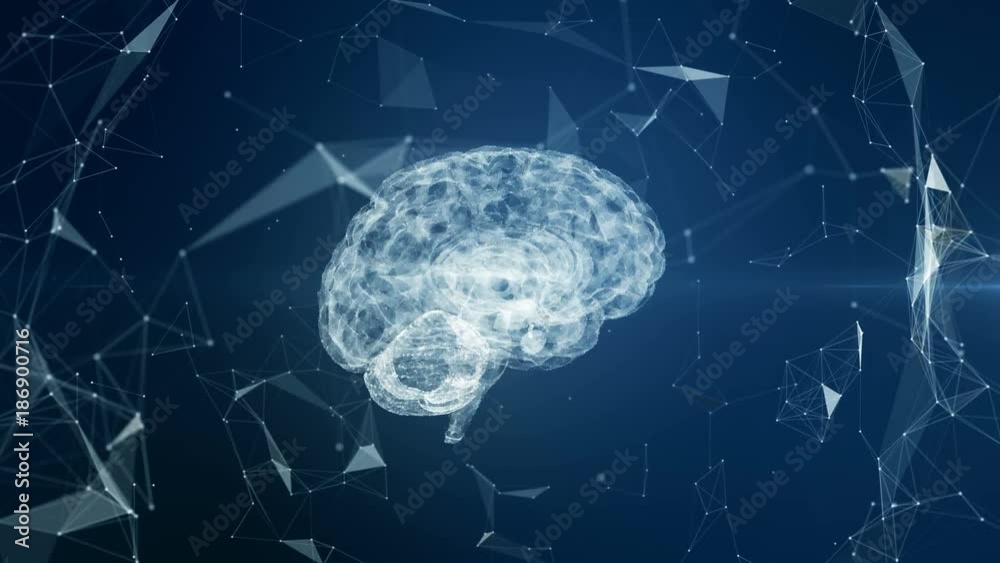 Appearance of rotating human brain out of binary code with flying abstract background data around. Animation of artificial intelligence transformation