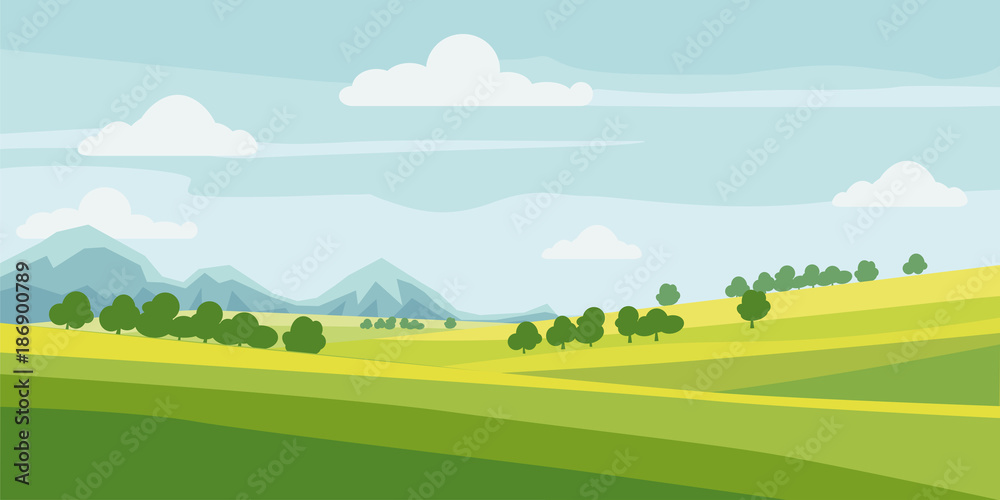 Cute rural landscape tree, field, mountains, cartoon style, vector, illustration, isolated