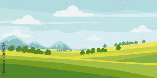 Cute rural landscape tree  field  mountains  cartoon style  vector  illustration  isolated