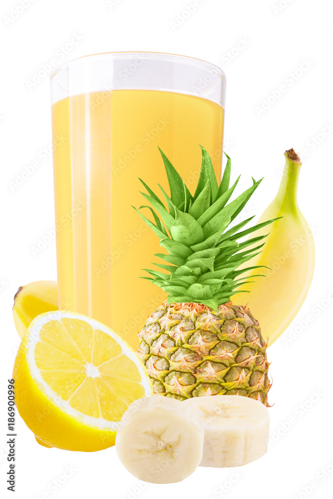 One glass with pineapple, banana and lemon juice and cut fruits on white One glass with pineapple, banana and lemon juice and cut fruits on white