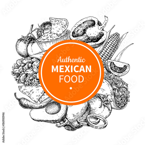 Mexican food sketch label in frame. Traditional cuisines drawing
