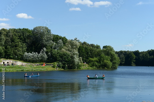 People go boating in the natural-historical park "Kuzminki-Lublino"
