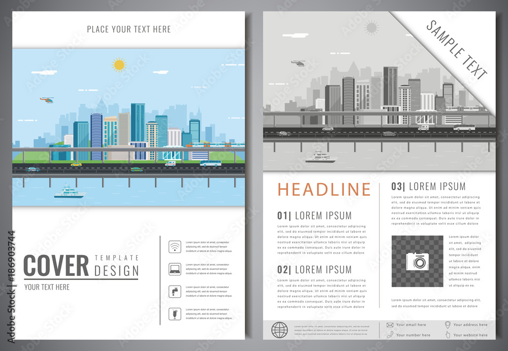 Brochure design template with urban landscape. Leaflet cover presentation with flat city landscape background. Layout in A4 size. Vector