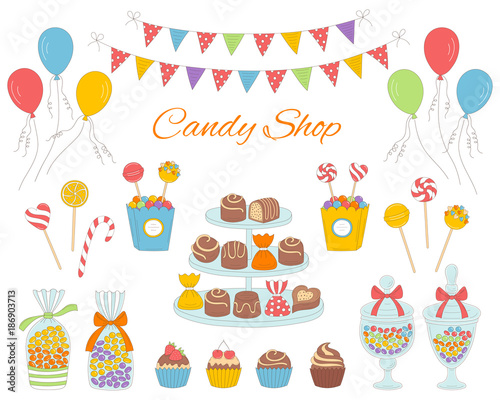 Vector illustration of candy shop with colorful sweets, hand drawn doodle style.