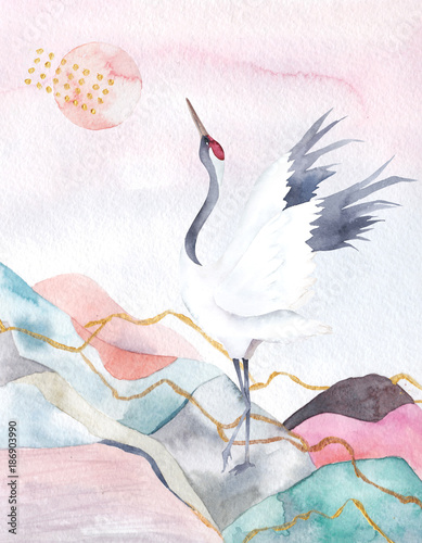 Fototapeta Abstract watercolor background with crane. Japan design. Hand drawn illustration