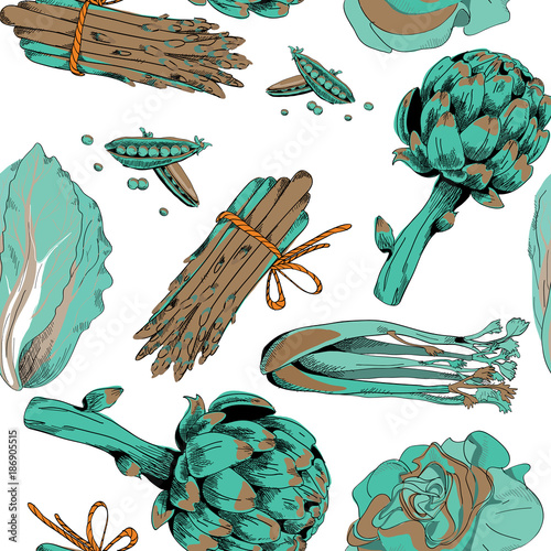 Green vegetables with blue and brown shadows seamless pattern. Vector illustration on white background