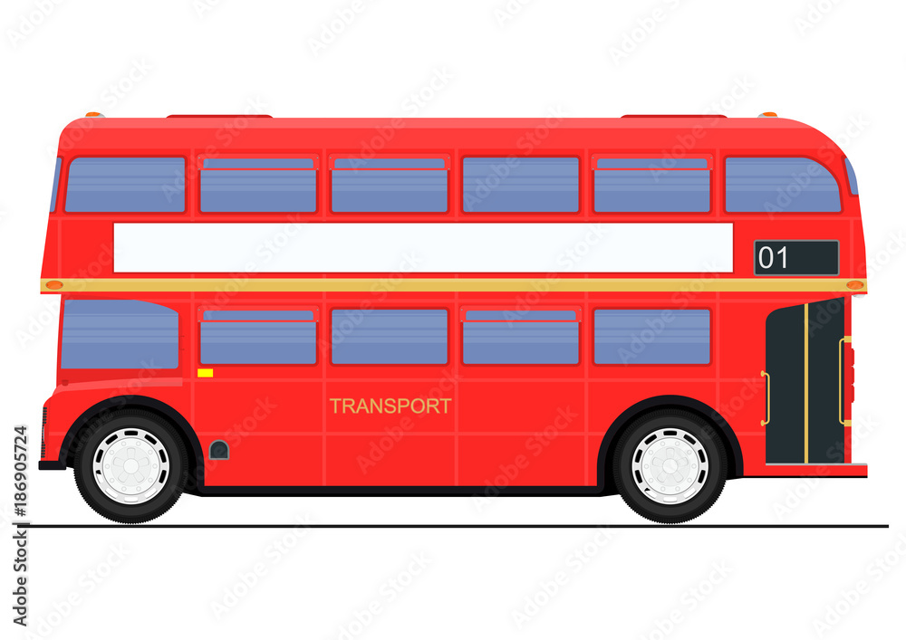 Cartoon red double decker bus. Side view. Flat vector.
