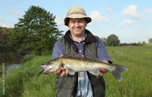 The fisherman holds a large pike-perch in his hands, an excellent catch. Fishing on the Dnieper River in summer.