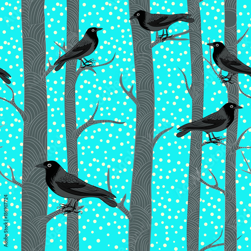 Winter trees with black crows. Vector illustration of  black birds sitting on the branches of the trees with snowflakes falling on light blue background. Seamless pattern.