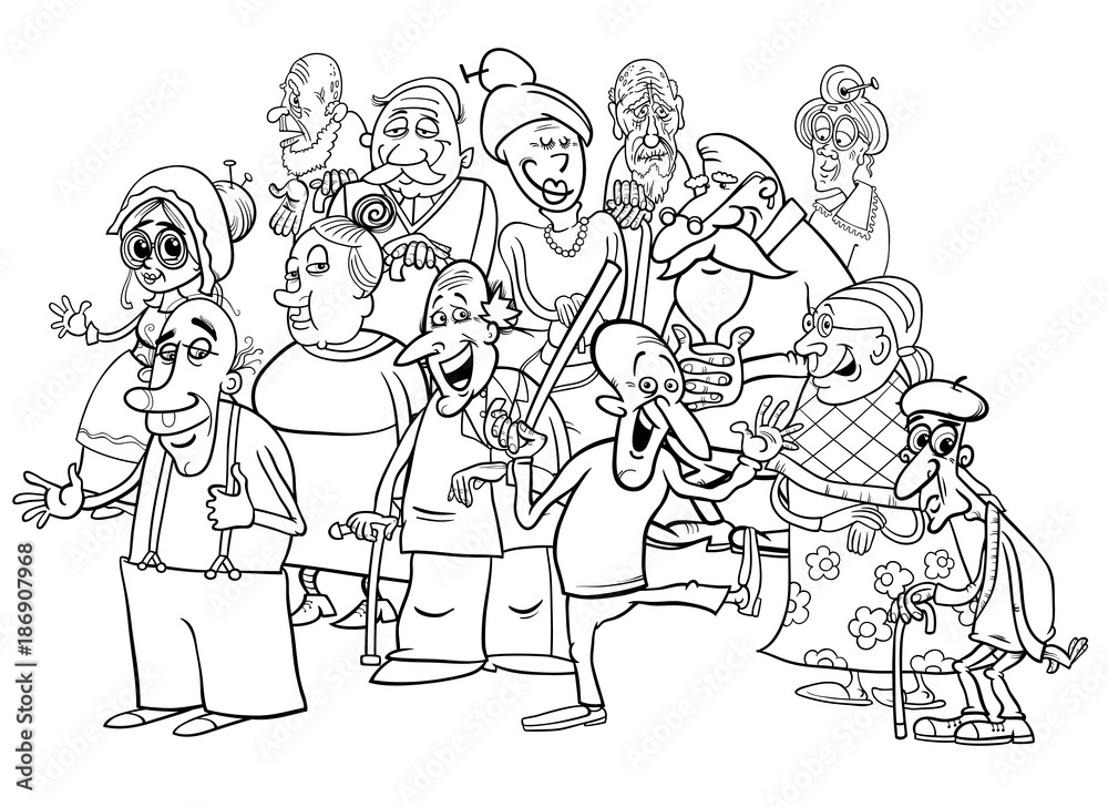 Naklejka premium senior characters group cartoon coloring book