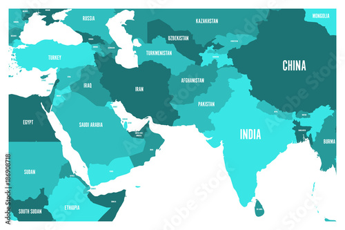 Political map of South Asia and Middle East countries. Simple flat vector map in four shades of turquoise blue.