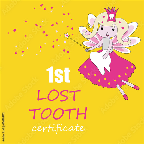 Tooth fairy with magic stick and stars. Vector illustration on yellow background. First tooth certificate. Greeting card