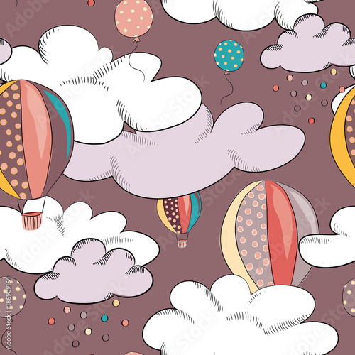 Vector illustration of  flying ballons in the clouds on purple background. Seamless pattern