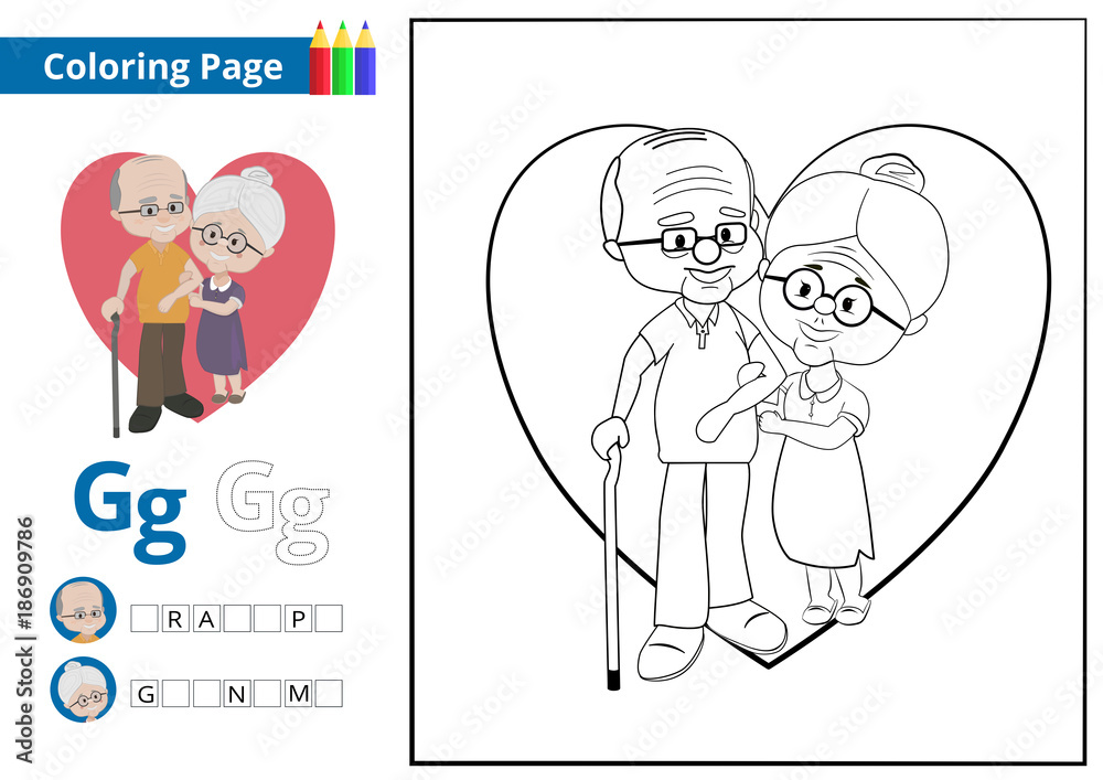 Grandparents day coloring page - obrazy, fototapety, plakaty 