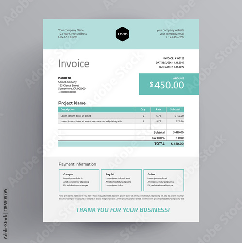 Invoice template infographic design form - vector light green teal background vector