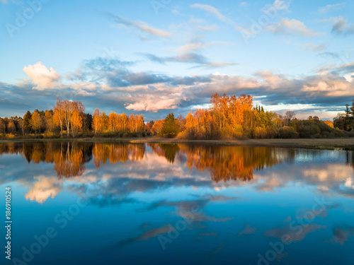 Colorful Tree Reflection in Water - Symmetry with Clouds in Sky, Autumn Colors