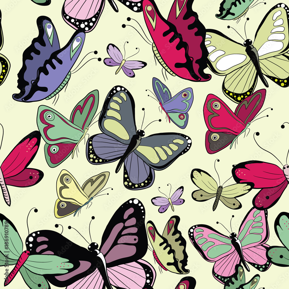 Fototapeta Kolorowy wzór motyle. Wektorowy illustrattion na żółtym tle