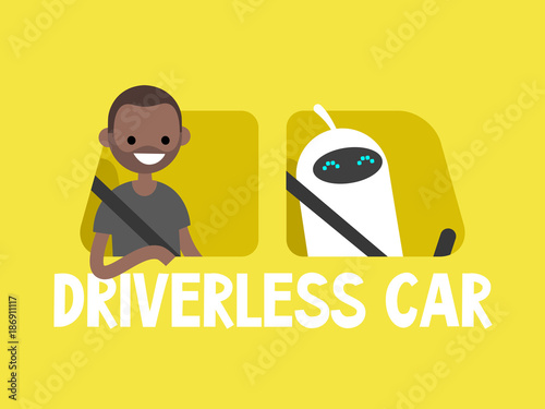 Self-driving car concept. Cute white robot driving a taxi. African american passenger sitting on a back seat. Flat editable vector illustration, clip art