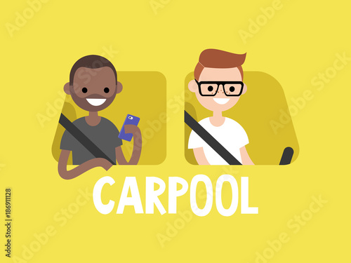 Carpool conceptual illustration. A driver and a passenger riding in the car. Flat editable vector illustration, clip art