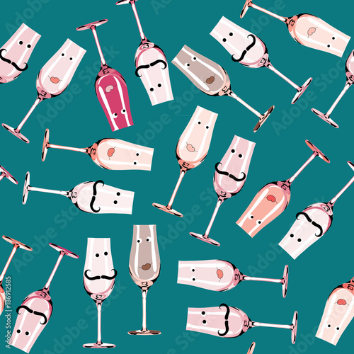 Funny duo of glasses, with eyes, mustache and colored lips. Seamless pattern. Vector illustration on turquoise background