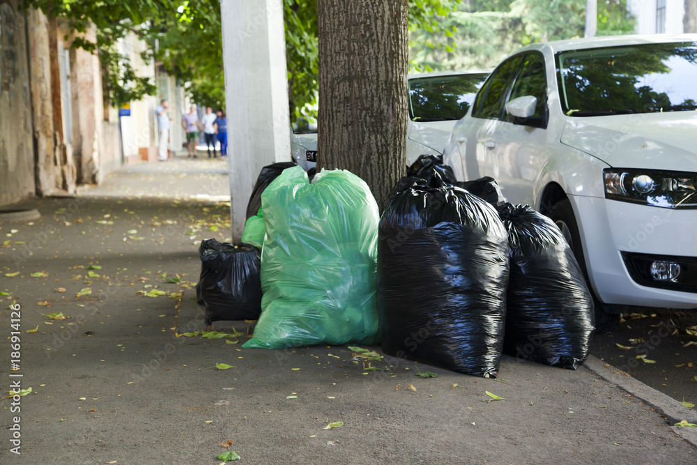 Food waste packed in plastic bags on roadside