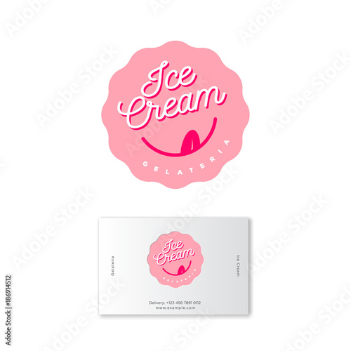 Ice cream logo, Ice cream emblem. Italian ice cream cafe signboard. Pink badge with a smile and tongue and letters. Identity. Business card.