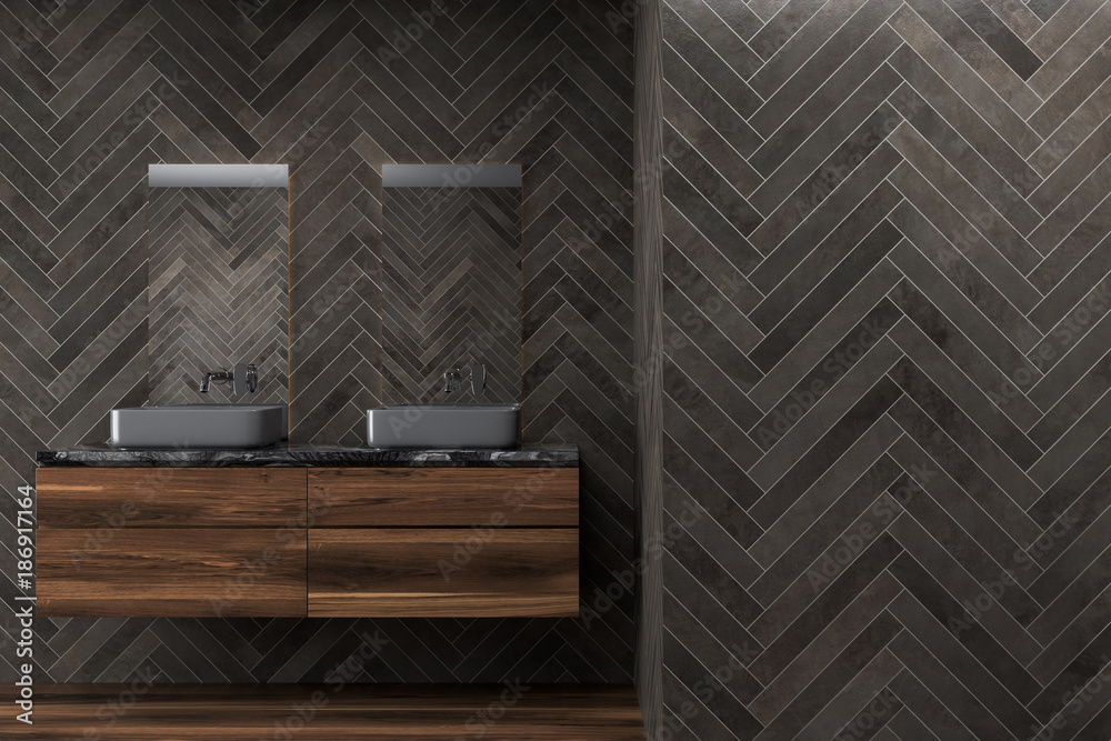Fototapeta premium Black wooden bathroom, double sink