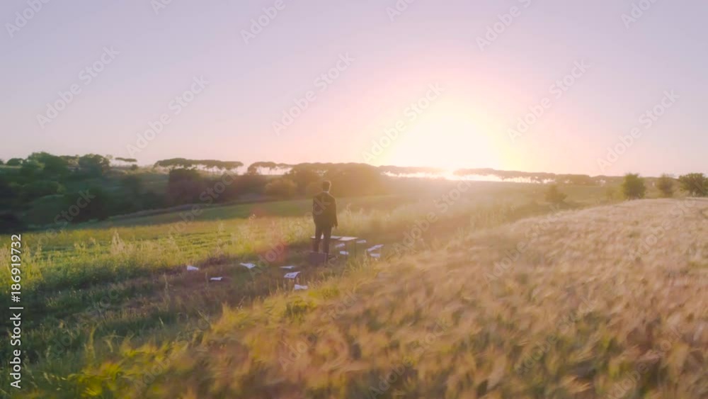 In front of questions. Young businessman with elegant suit and briefcase standing in the middle of green golden wheat field in the nature at sunset looking for directions aerial view drone slow motion In front of questions. Young businessman with elegant suit and briefcase standing in the middle of green golden wheat field in the nature at sunset looking for directions aerial view drone slow motion