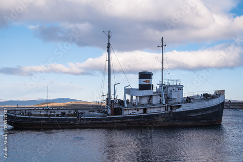 Ushuaia, LA ARGENTINA - AUGUST 12, 2017: boats in port of Ushuaia city in Patagonia Argentina