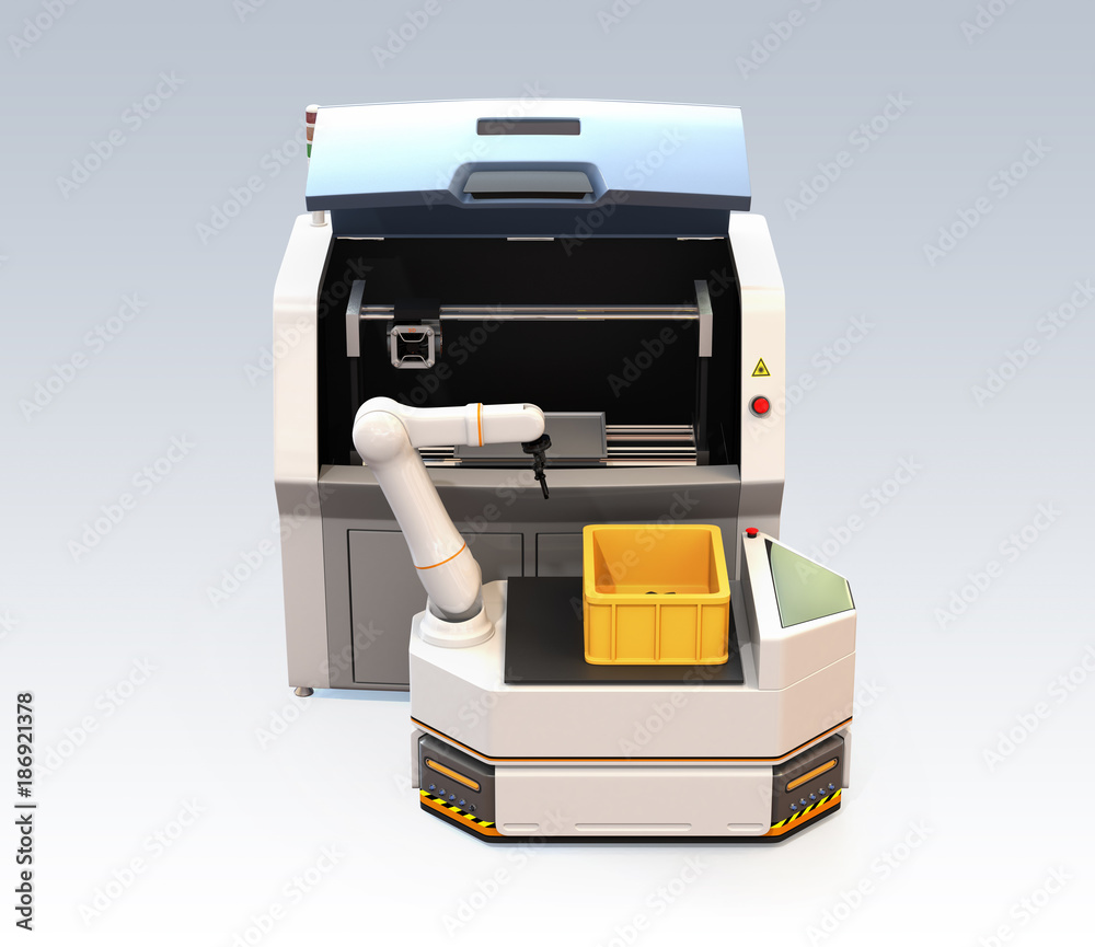 AGV (Automatic guided vehicle) with robotic arm and 3D metal printer isolated on gray background. 3D rendering image. AGV (Automatic guided vehicle) with robotic arm and 3D metal printer isolated on gray background. 3D rendering image.