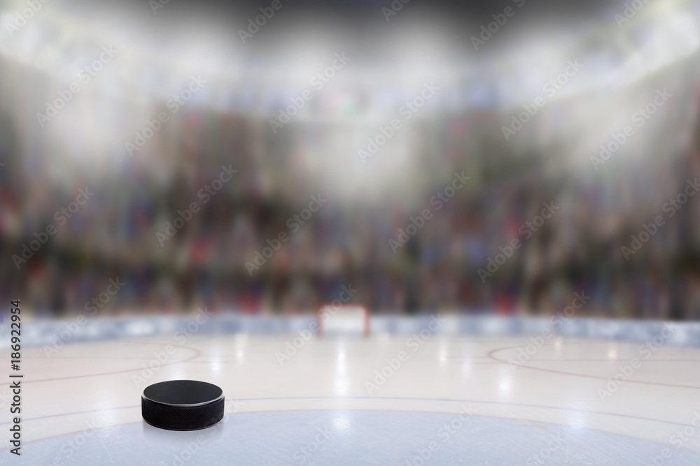 Naklejka premium Ice Hockey Puck in Rink Arena With Copy Space