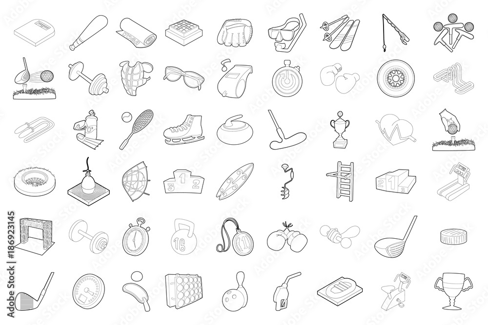Sport equipment icon set, outline style