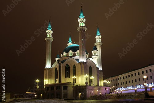 Kul Sharif (Qolsherif, Kol Sharif, Qol Sharif) Mosque in Kazan Kremlin on a winter night. Main Jama Masjid in Republic of Tatarstan. Backlight.