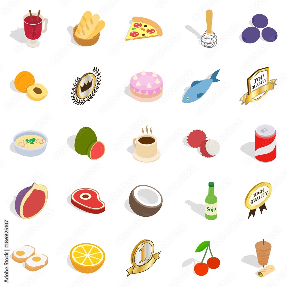 Meat meal icons set, isometric style Meat meal icons set, isometric style